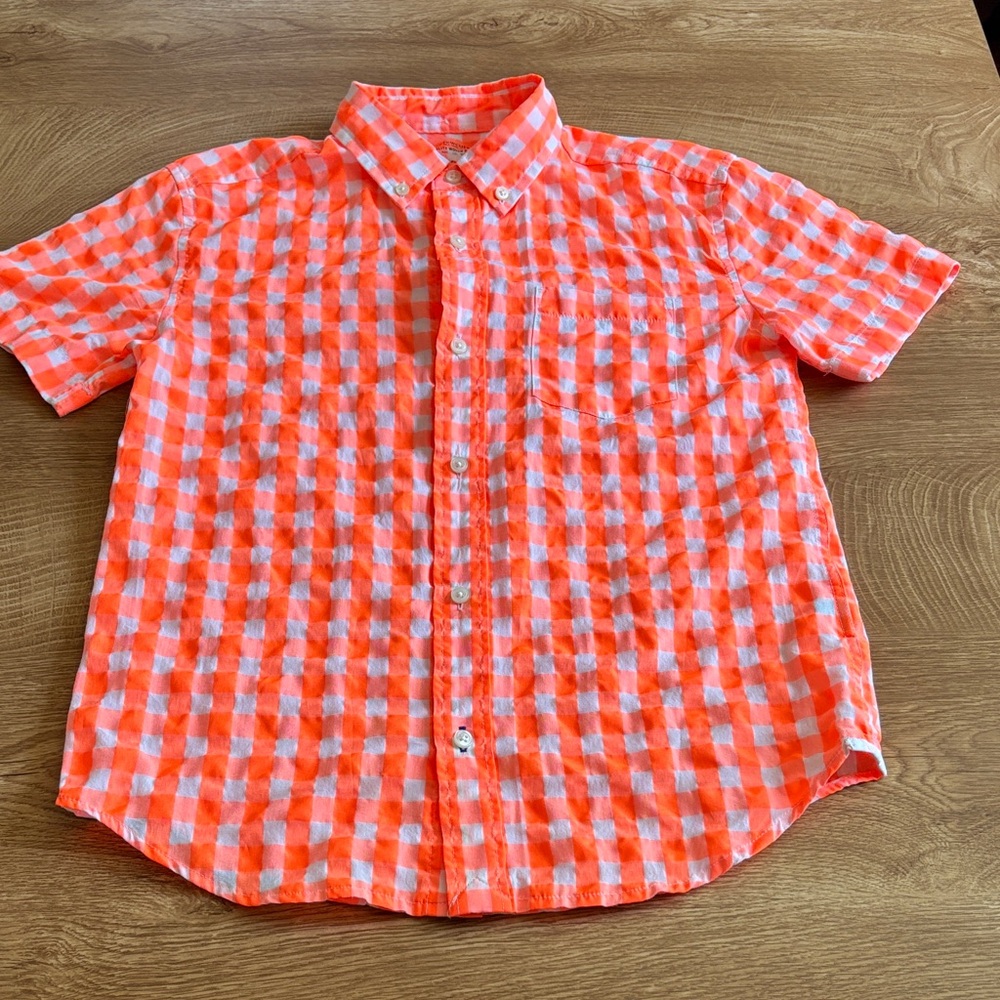 Crewcuts Boys Neon Orange & White Gingham Button-Up Shirt Size 12
